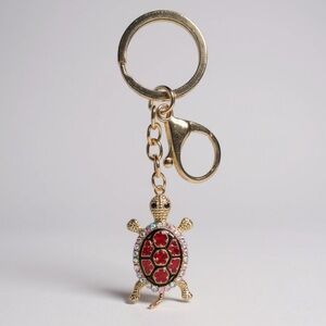 Mint Gold Tone Turtle Keychain / Bag Charm w/Red Crystal Accents NWT